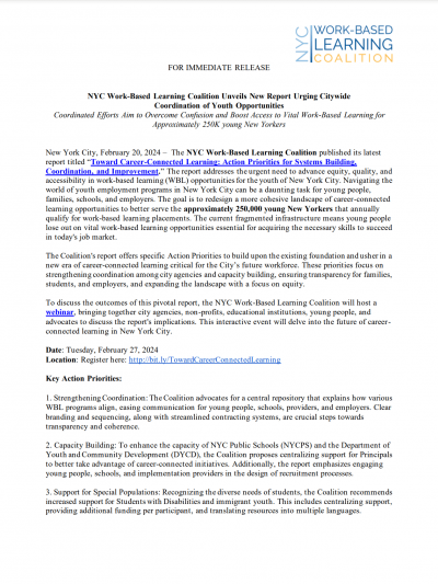 Work-Based Learning Coalition Press Release Report Urging Citywide Coordination of Youth Opportunities