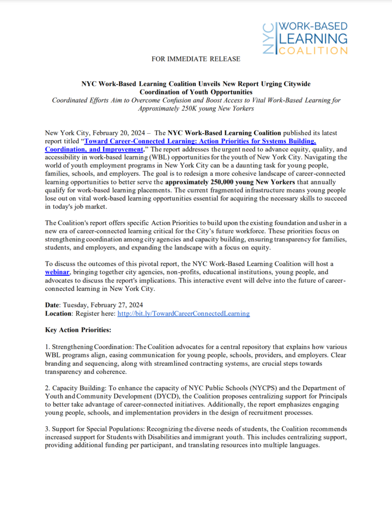 Work-Based Learning Coalition Press Release Report Urging Citywide Coordination of Youth Opportunities